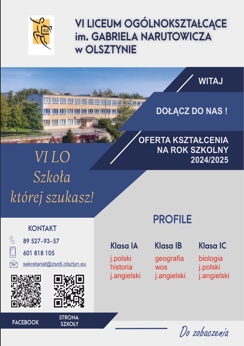 Oferta kształcenia VI Liceum Ogólnokształcącego im. Gabriela Narutowicza w Olsztynie , na rok szkolny 2024/2025.