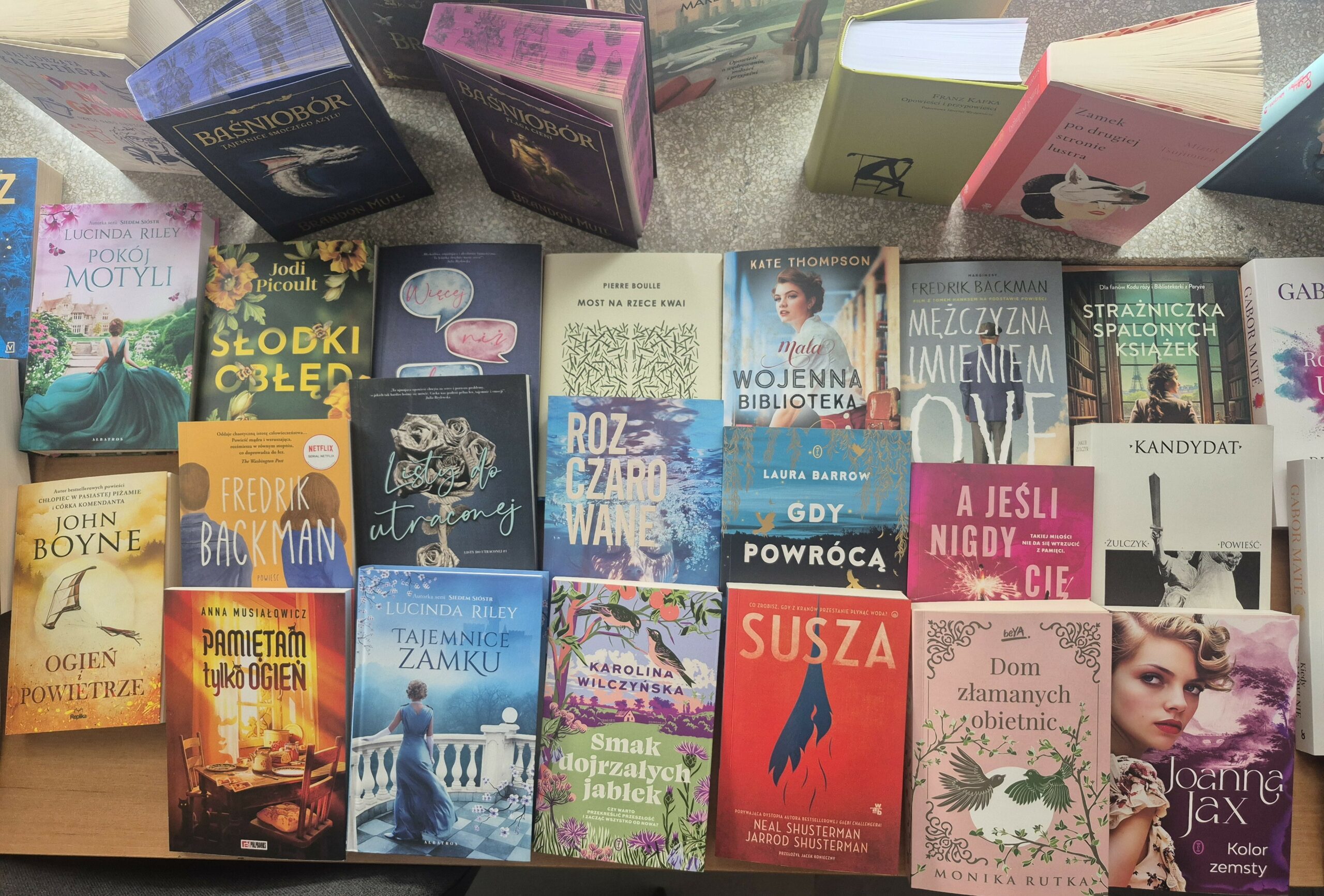 Zdjęcie przedstawia książki obyczajowe, takie jak: „Pokój motyli”, „Słodki obłęd”, „Gdy powrócą kanarki”, „Mężczyzna imieniem OVE”, „Mała wojenna biblioteka”, „Ogień i powietrze”.