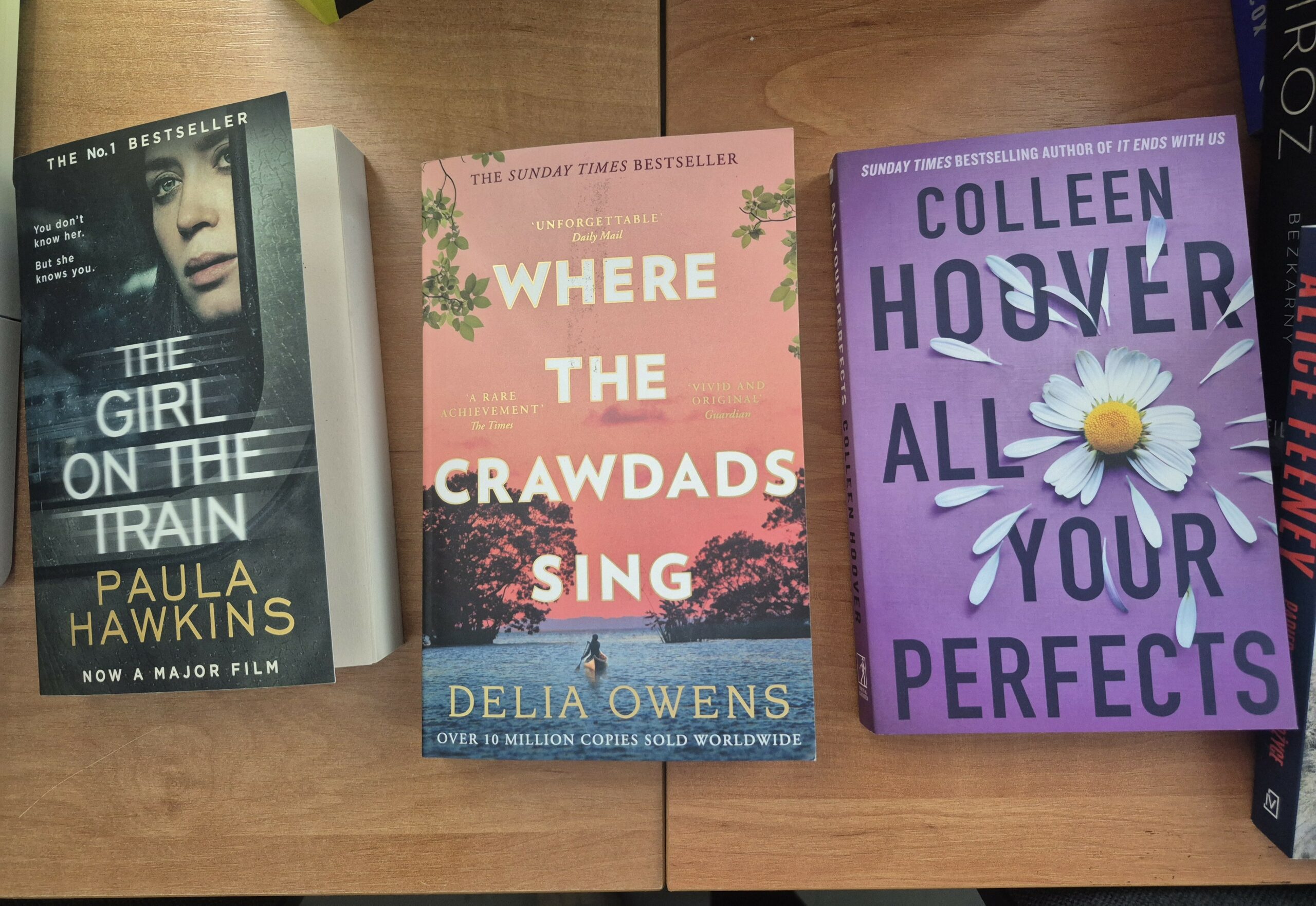 Zdjęcie przedstawia książki anglojęzyczne, takie jak: „The girl on the train”, „Where the crawdads sing”, „All you perfects”.