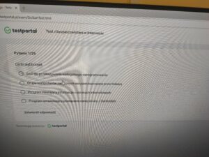 Widok ekranu komputera z jednym z pytań testu.